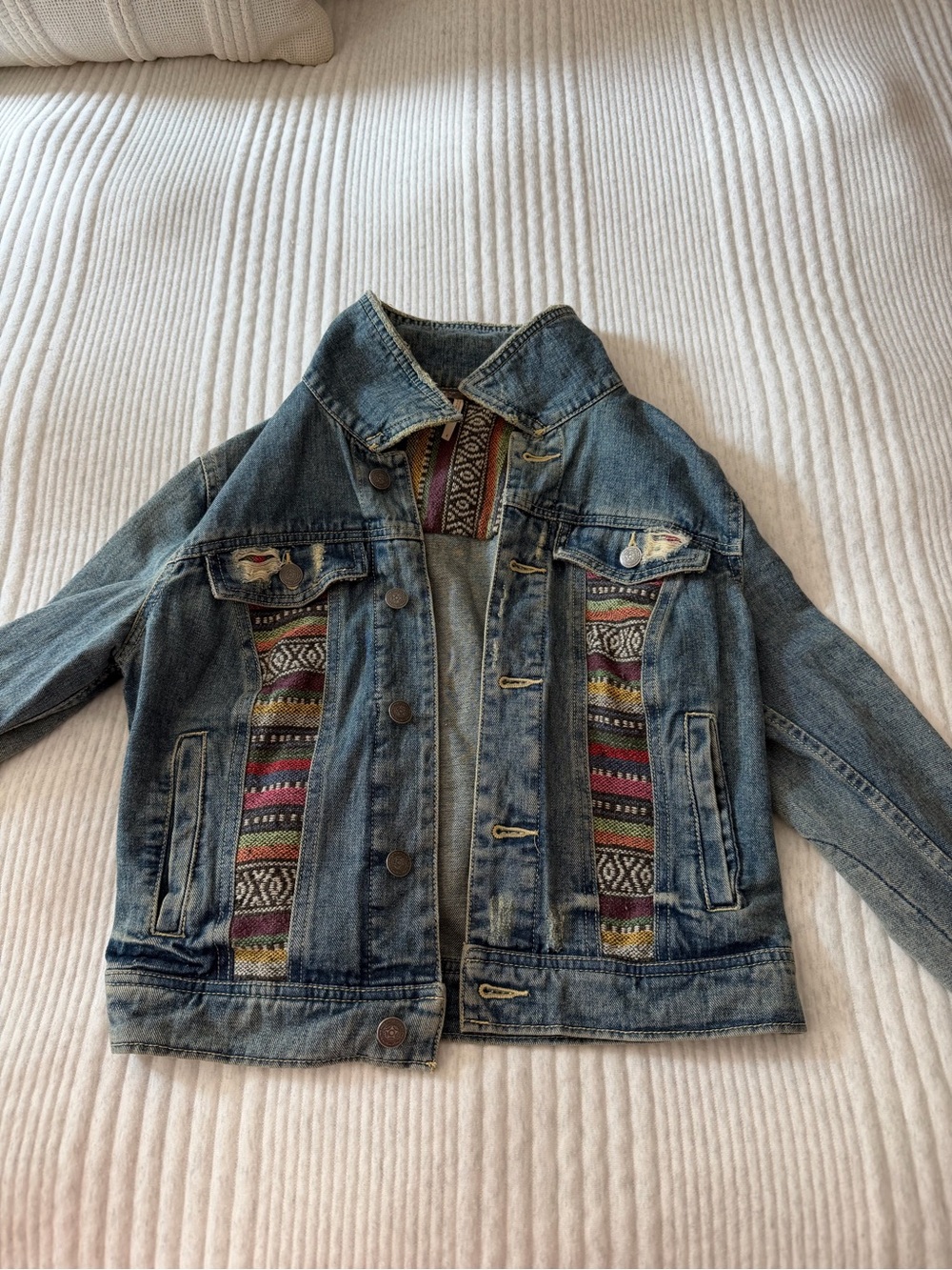 Free People Blue Denim Jacket with Multicolor Aztec Panels